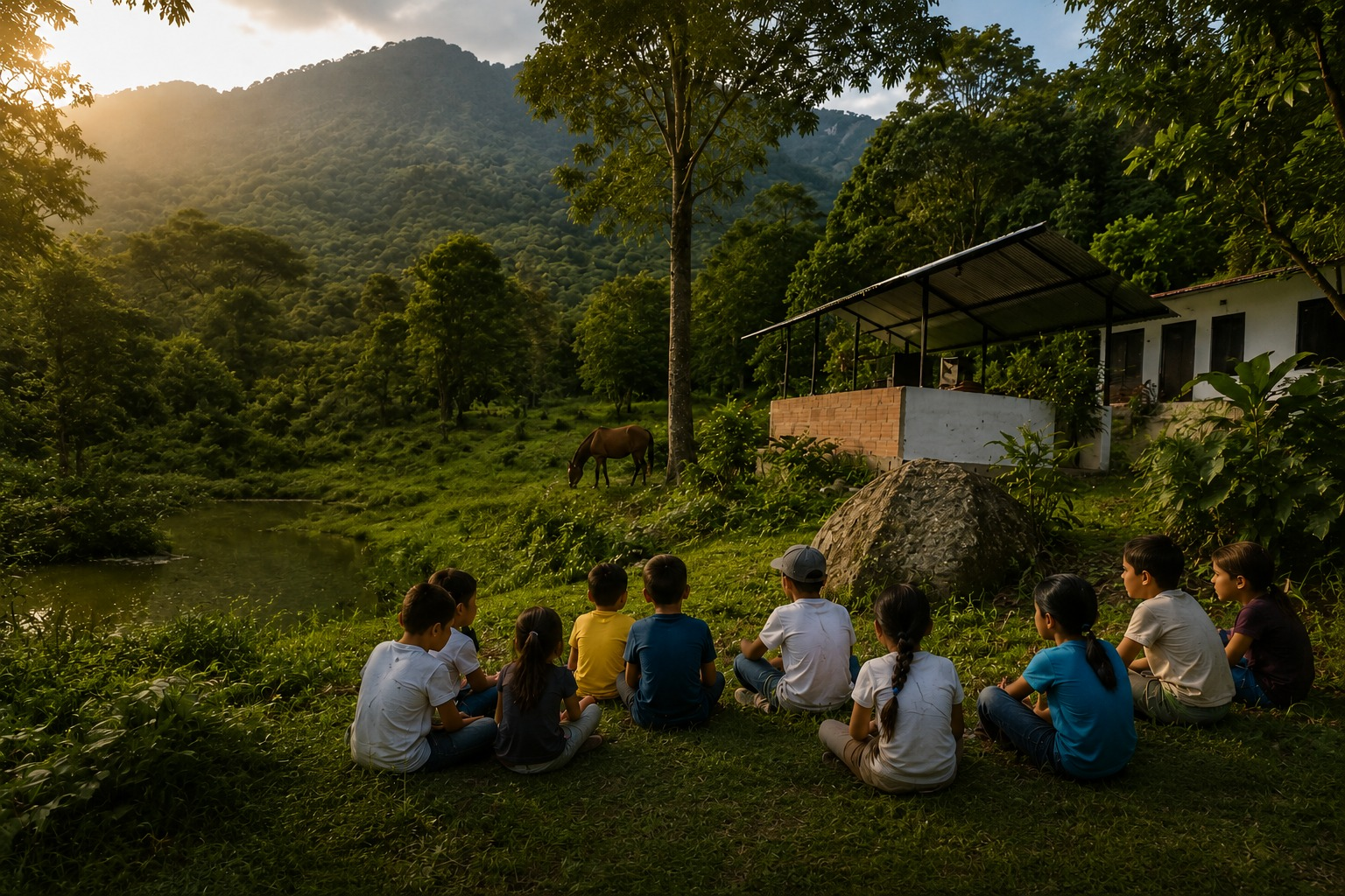 Grupo de niños en el entorno natural de la fundación