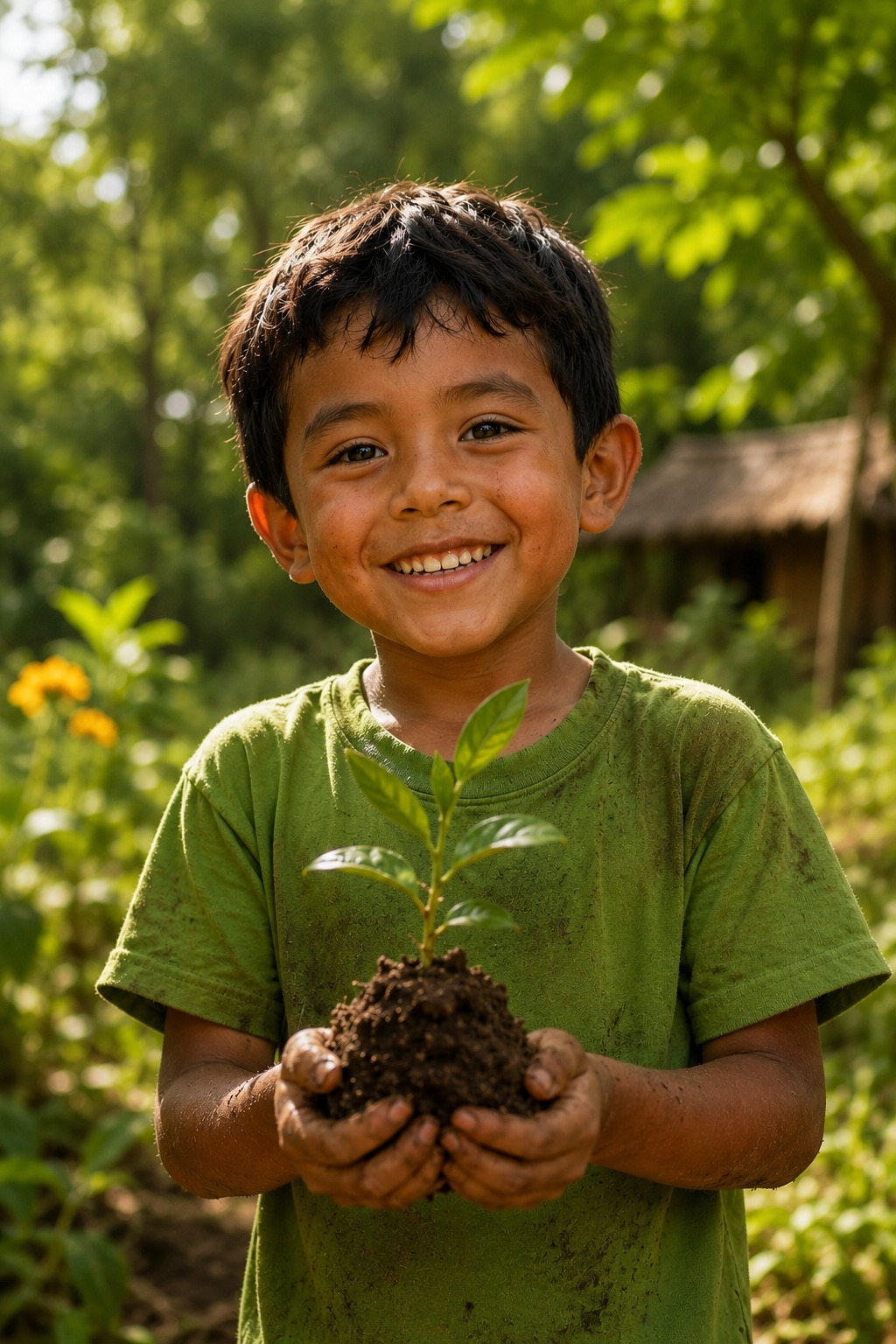 Niño sonriente sosteniendo una planta pequeña